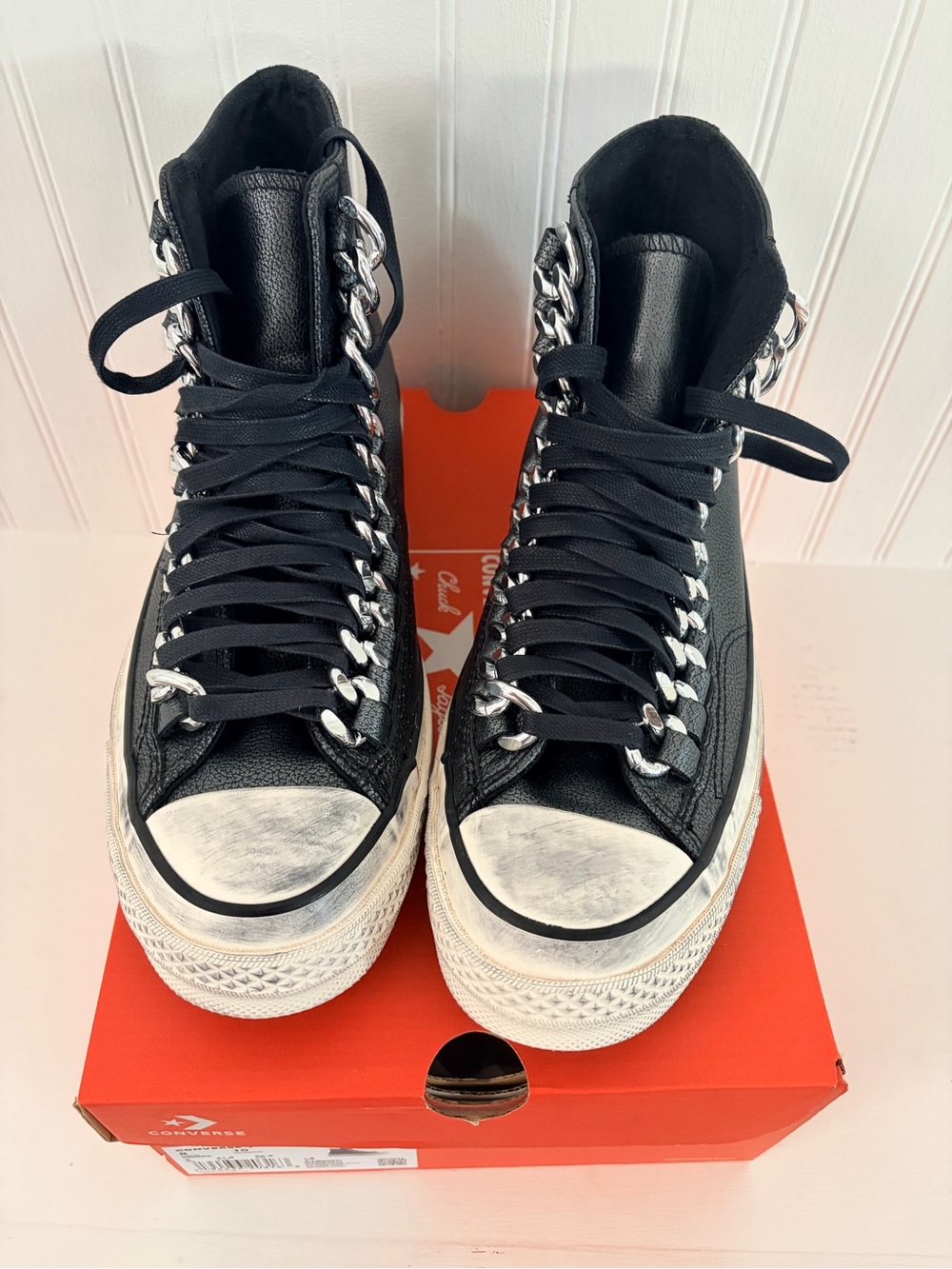 Converse Black Leather High-Top Sneakers with Silver Chain Eyelets